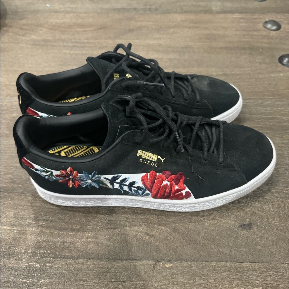 Puma Black Suede Sneakers with Floral Embroidery